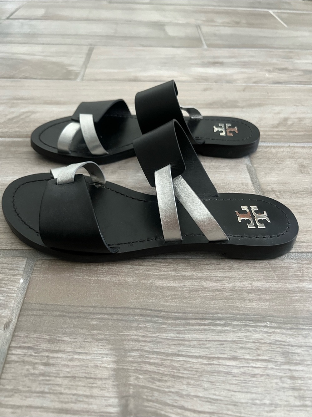 Tory Burch Black and Silver Leather Slide Sandals - Picture 3 of 5
